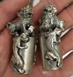 Groothandel - een paar china collectie Tibet zilveren eenhoorn foo honden standbeelden