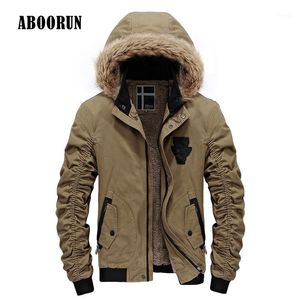 Chaqueta de piel sintética para hombre al por mayor-ABOORUN 2021 invierno para hombre con capucha y cuello de piel con forro polar para hombre Casual cálido bombardero y abrigo negro ejército P8