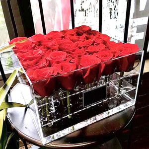 Groothandel Acrylic Rose Flower Display Opbergdoos Make-up Organizer Cosmetische Houder Bloem Gift Box Case met Cover LJ200818