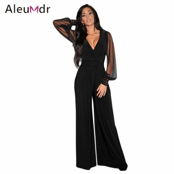 Venta al por mayor- Aleumdr Trajes de pantalón sexy Puños embellecidos negros Monos de encaje Mono de malla Mamelucos de manga larga Mono para mujer LC6650 Femme