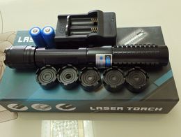 Professionele High Power Watt 5in1 450nm Sterke Power Military Blue Laser Pointers SOS Zaklampen Lazer HuntingTeaching + Charger + Gift Box