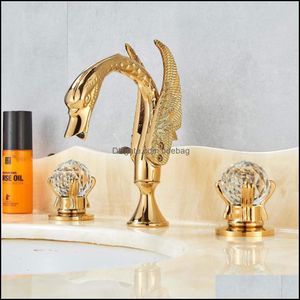 Grifo para lavabo de baño generalizado al por mayor y al por menor, oro pulido, dos manijas de vidrio, mezclador de 3 orificios, elegante entrega de gota, 2021 grifos, grifos S