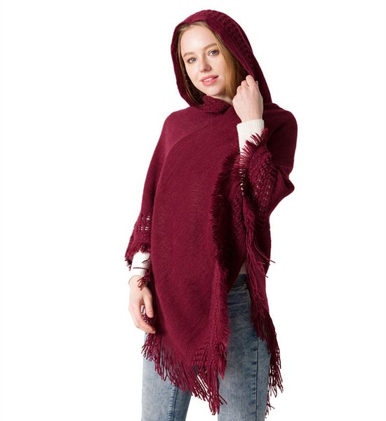 Vente en gros et hiver nouvelles femmes tricotées cape à capuche châle monochrome tête manteau pull à capuche grand châle