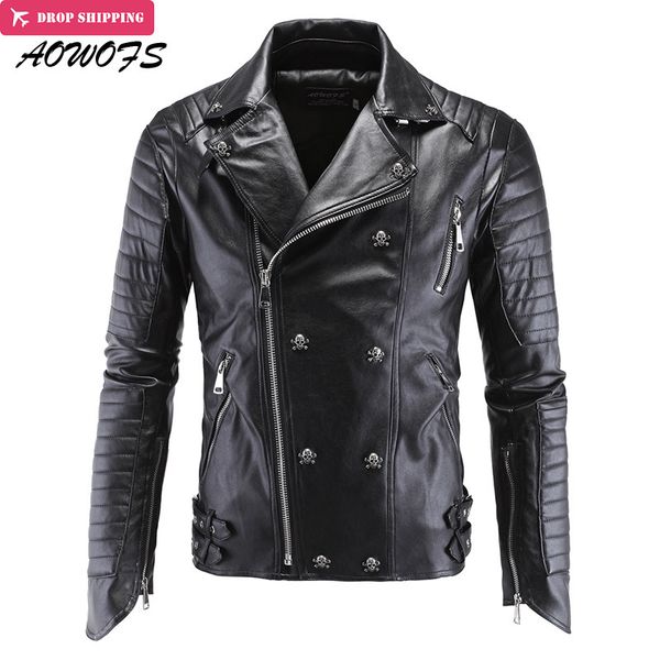 Vente en gros - AOWOFS Vestes en cuir pour hommes Vestes de moto noires Crânes Rivets Oblique Zipper Slim Fit Quilting Punk Vestes en cuir 5XL