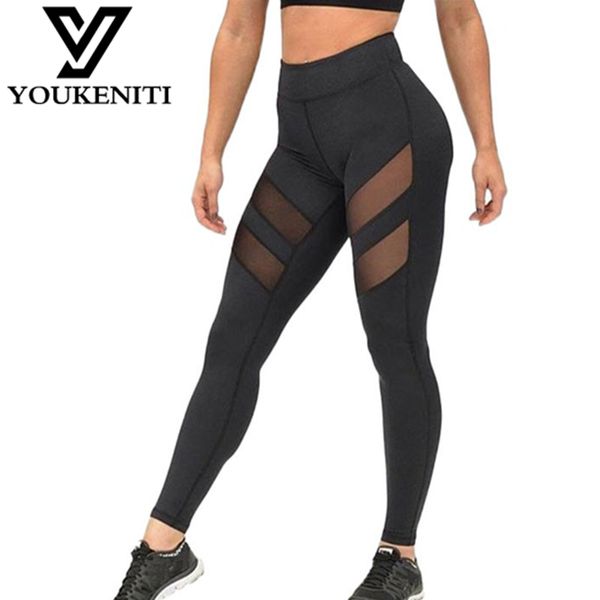 Al por mayor-Athleisure harajuku leggings para mujer malla de empalme fitness pantalones legging negros delgados ropa deportiva de talla grande