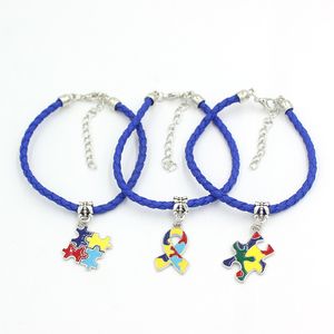 En gros Autisme Charme Bracelets Bleu Marine En Cuir PU Corde Puzzle Bijoux Sensibilisation À L'autisme Bracelet Cadeaux