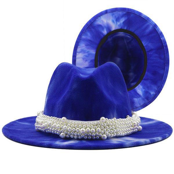 Gros automne nouveau feutre mode large bord cravate-teint Vintage Fedora Jazz casquette Panama chapeau femmes fausse laine chapeaux avec perles bande