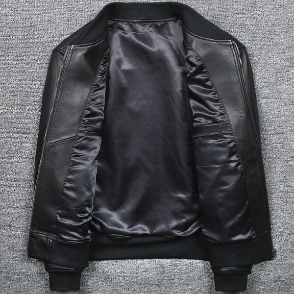 Gros-Automne En Peau De Mouton Véritable Veste En Cuir Hommes Slim Noir Zipper Manteau En Cuir Véritable Col Montant Haute Qualité 5XL Veste De Baseball