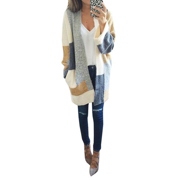 Gros-automne tops point ouvert patchwork standard style décontracté plat tricoté à manches longues col en v longs cardigans chandails pour femmes