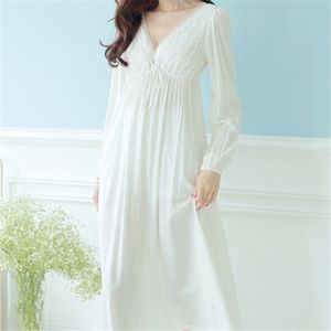 Wholesale- Autumn Vintage Nightgowns V-neck Ladies Dresses Princess White Sexy Sleepwear Solid Lace Home Dress Comfortable Nightdress #H13