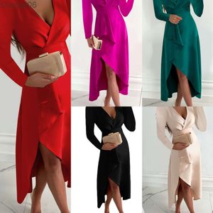 Robes d'automne et d'hiver en gros pour femme à manches longues, col en V, ourlet froissé, robe fendue, robe sexy, tenue élégante, vêtements pour femmes