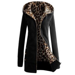 Groothandel- Herfst Winter Vrouwen Hoodies 2017 Stijlvolle Leopard Fleece Hooded Sweatshirt Vrouwelijke Casual Slanke Lange Zakken Uitstekende Jas Plus Size