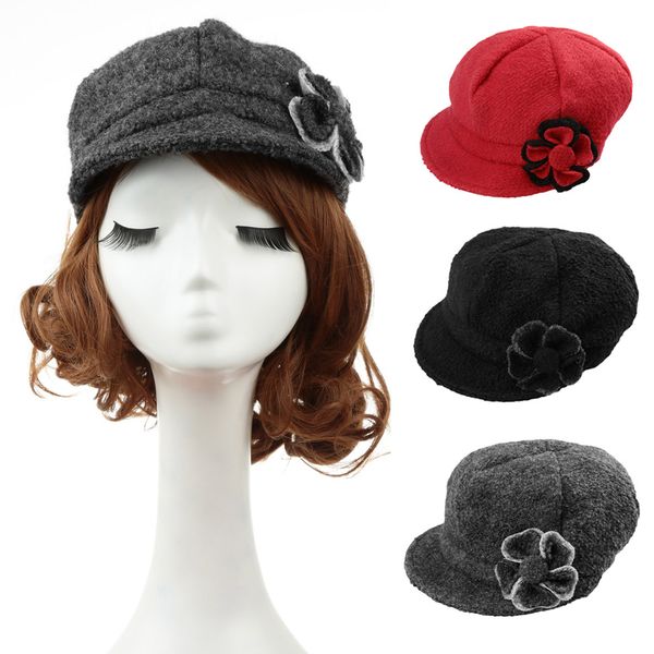 Venta al por mayor-Otoño Sombrero de mujer 2015 Nueva moda Mujer Boina Sombrero Flor Cabbie Cap Vendedor de periódicos Sombrero Negro / Rojo / Gris