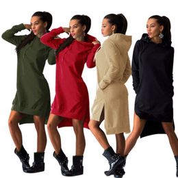 Lente Herfst Vrouwen Korte Jurk Vintage Casual Sport Jurk Lange Mouwen Zakken Sexy Split Hem Hoodie Sweatshirts Tops Gratis Verzending