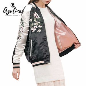 Vente en gros - AZULINA Manteau réversible rose broderie Bomber veste femmes automne printemps fleur baseball vestes courtes femme noir pardessus