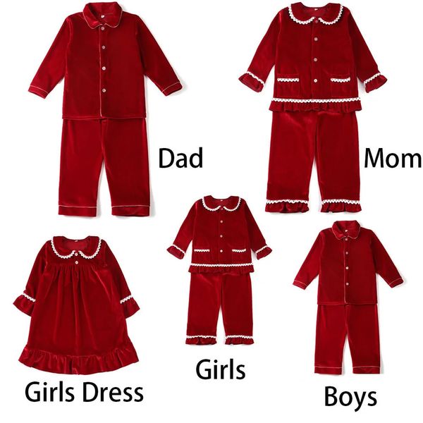 Venta al por mayor de ropa de bebé, pijamas para niños, pijamas a juego para la familia, ropa de dormir para hermanos, pijamas de Navidad de terciopelo rojo y verde para niños y niñas 231225