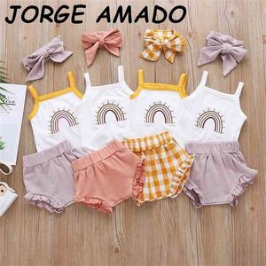 Groothandel baby meisje 3 stks set katoen bretels romper + shorts + haar hoepel schattig pak kleding E7 210610