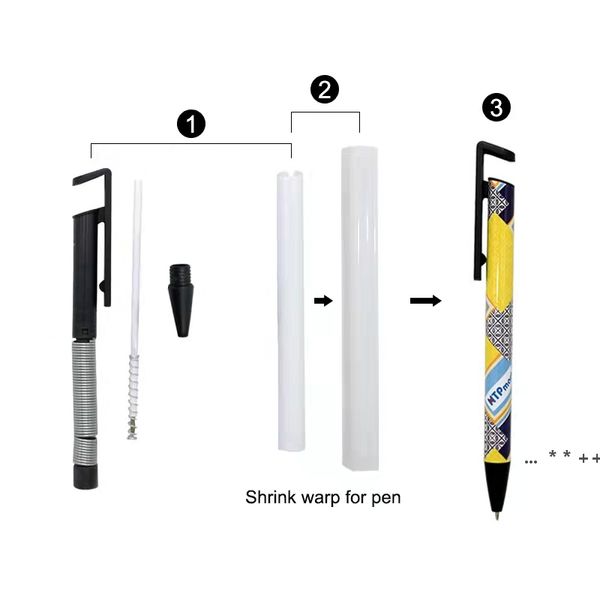 Venta al por mayor Bolígrafo para sublimación Bolígrafo en blanco Shrink Warp Soporte para teléfono Bolígrafos Promoción Escuela Oficina Suministros de escritura GCE13542