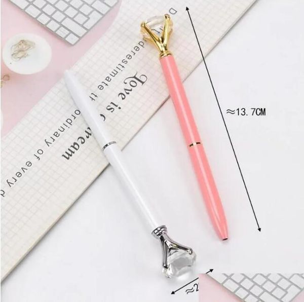 wholesale Stylos à bille en gros 1 Pc gros diamant cristal stylo gemme anneau bureau métal Roller Ball noir or rose argent rose Drop livraison cadeau scolaire