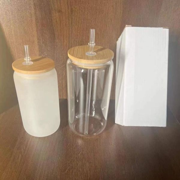 wholesale vaso de vidrio de sublimación con tapa de bambú 16 oz taza de jugo de bebida helada transparente diy lata de vidrio reutilizable instock