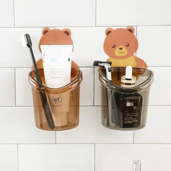 Vente en gros salle de bains ours câlin porte-gobelet de brosse à dents support de rangement de dentifrice pâte de toilette sans marque poinçonnage gratuit tenture murale en plastique panier de rangement étanche