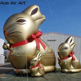 En gros, belle décoration extérieure de taille en option grand modèle de lapin doré gonflable lié à un arc rouge pour l'événement et d'autres activités à vendre