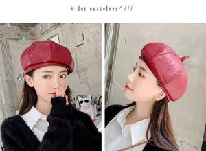 Groothandel-baret meisje pu lederen zomer dunne bud hat Koreaanse herfst / winter zwarte Britse pompoen schilder hoed