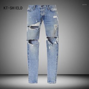 Heren jeans Wholesale- Version Heren Vintage Vernietigd Skinny Blue Denim Heren Kniebatte Gat Slanke Distressed Mes Cut Ripped for Men1