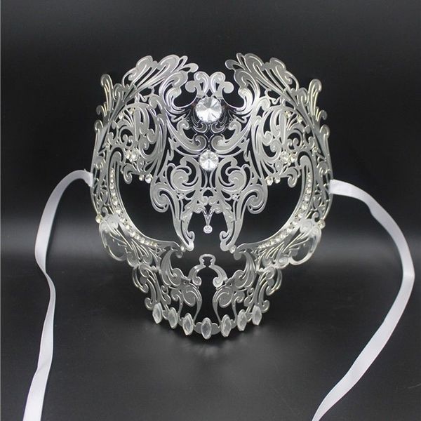 Vente en gros - Noir Full Face Skull Hommes Femmes Métal Laser Cut Silver Masquerade Party Masques Or Red Ball Strass Prom Masque Vénitien