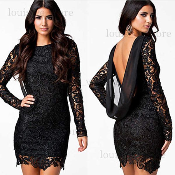 Gros- robe en dentelle noire robes femmes manches longues maxi robes dos nu sexy club rouge plus la taille femmes vêtements T230808