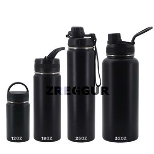 Groothandel zwart vacuüm geïsoleerde flessen poeder gecoate reizen 32 oz roestvrijstalen sportwaterfles aangepast