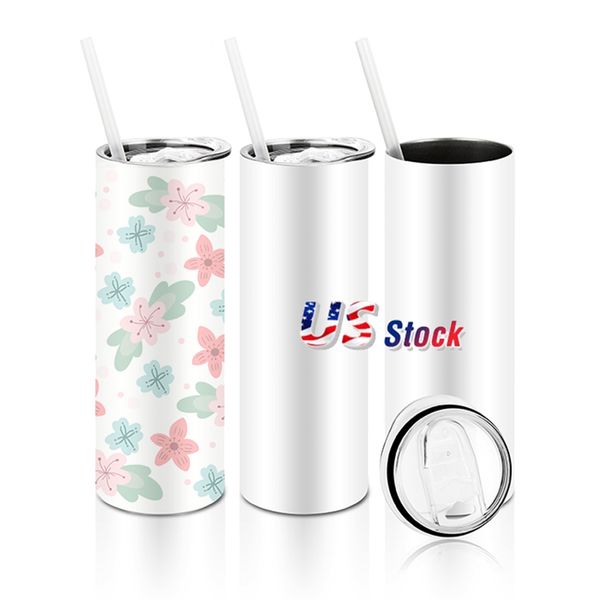 wholesale gobelet de sublimation vierge 20 oz en acier inoxydable blanc sublimer bouteilles d'eau droites tasses de voiture avec paille en plastique usa entrepôt tt0526