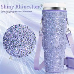 Bolsa portadora de botellas de agua bling al por mayor para tope de copa de agua de diamante espumoso de 40oz con volumen con correa ajustable