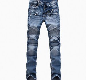 Groothandel blauw/zwart vernietigde heren slanke denim rechte motorige spinische jeans casual lange mannen gescheurd jeansnz01