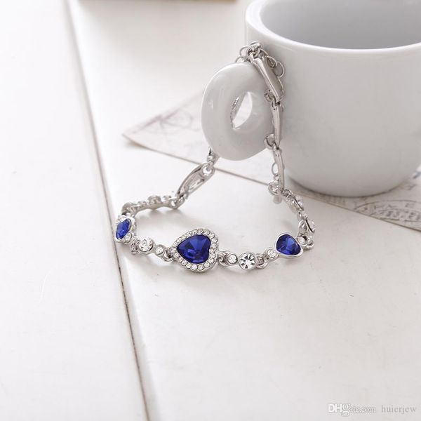 Vente en gros - Bracelets bleus Ruban plaqué cristal strass coeur Bracelet à breloques Bracelet cadeau bijoux Bracelets à breloques