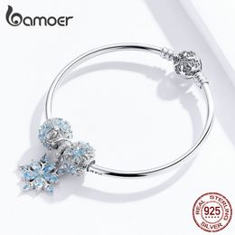 Groothandel-Blue Crystal 925 Sterling Silver Winter Snowflake Princess Bangle voor Dames Meisje Charme Armband Luxe Europees Bijlx Maken