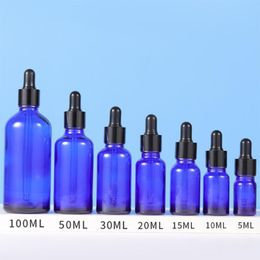 Le compte-gouttes en verre bleu en gros met en bouteille les fioles épaisses du parfum 5-100ml avec le couvercle noir