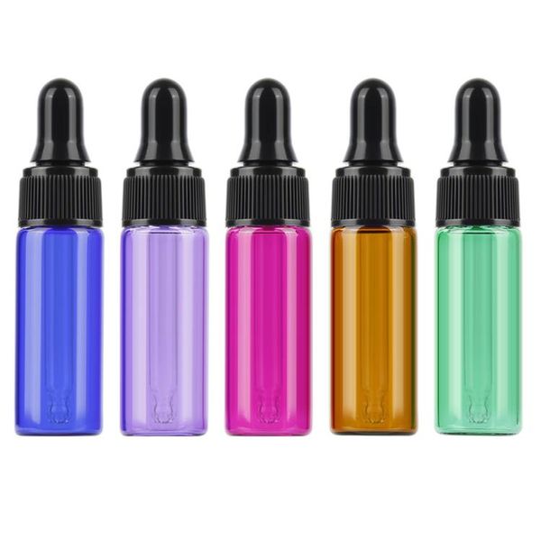 Vente en gros bleu vert violet rouge ambre mini bouteilles en verre 5 ml échantillon flacon compte-gouttes avec couvercles noirs SN4787