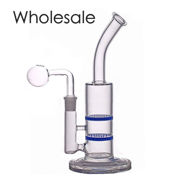 Venta al por mayor Blue Tube water Dab Rig Glass Bong Perc 18mm Joint Bowl con dos pantallas de filtro para fumar