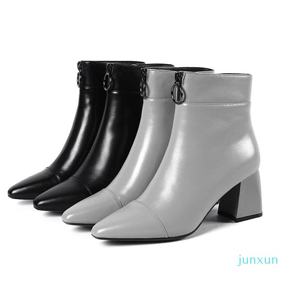 Gros-Bottes ISNOM Talons Hauts Femmes Cheville Bout Pointu Zip Chaussures En Cuir Véritable Botte Femme Chaussures De Mode Femme