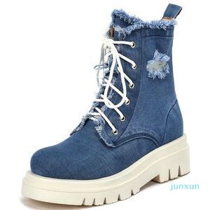 Venta al por mayor-Botas RIBETRINI Tamaño grande 40 Señoras Plataforma de tacón grueso Zapatos de punta redonda Tobillo de mezclilla Mujer Jeans Casual con cordones