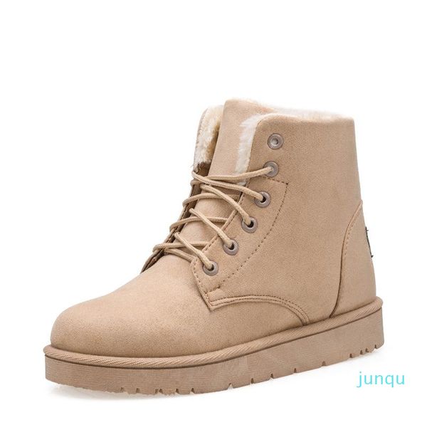 Venta al por mayor-Botas de invierno Mujeres Tobillo Fashion Damas Snow Elegant Lace Up Are Beige Black Pink Pink Gris Largo Peluche zapatos planos