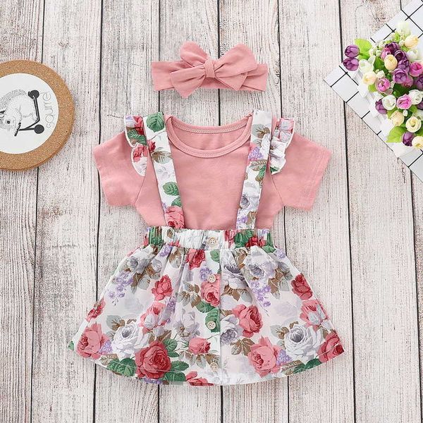 Venta al por mayor Born Girl 3 unids Conjuntos de ropa Vestido floral de verano + Romper + Trajes de diadema Ropa para bebés E166 210610