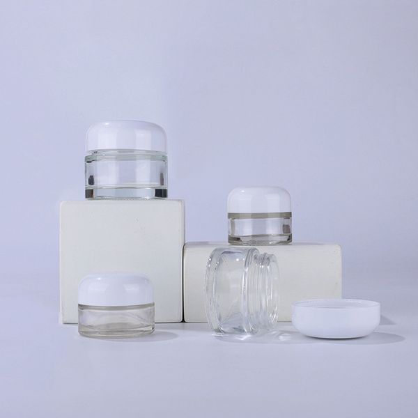 Botellas al por mayor 15g 20g 30g 50g Cosmético recargable Belleza Maquillaje Vidrio transparente Cuidado personal Crema Tarro con tapa blanca