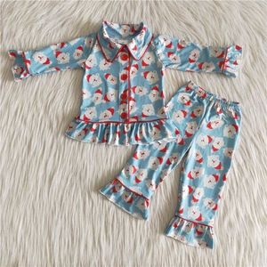 Groothandel Boutique Baby Girl Kerstmis Kids Boutique Outfit Pyjama Sleepwear Kleding Blue Cardigan Shirt Santa Pants Infant Set 240410