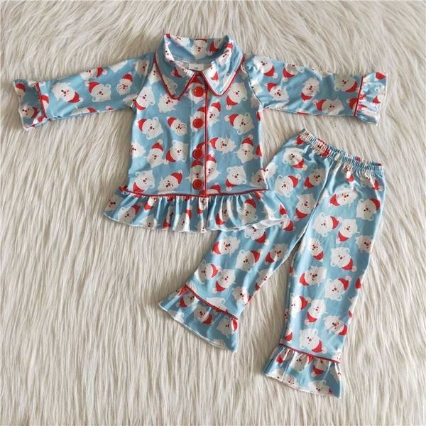 Boutique al por mayor Baby Girl Christmas Kids Boutique Boutique Tisting Pajamas Sleepwear Ropa Cardigan azul Camiseta Santa Pantalones Set 240410