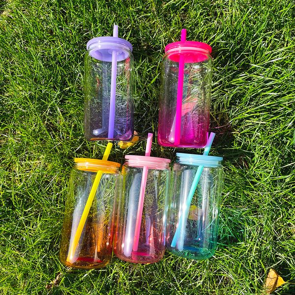 wholesale Libre de BPA 16 oz de borosilicato de varios colores ombre jelly soda vaso de cerveza lata tazas de café al aire libre botella de agua con paja de color y tapas para sublimación y vinilo