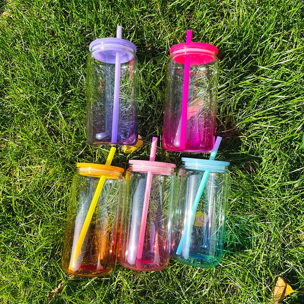 vente en gros sans BPA 16 oz borosilicate multi couleurs ombre gelée soda bière verre peut tasses à café en plein air bouteille d'eau avec paille de couleur et couvercles pour sublimation et vinyle