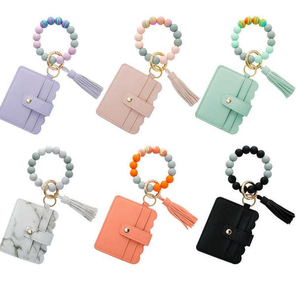 Porte-clés en perles de Silicone, vente en gros, Bracelet en PU, porte-cartes, porte-cartes, pompon, vente en gros