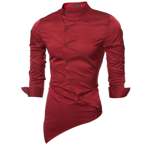 Vente en gros- Marque 2017 Mode Homme Chemise À Manches Longues Tops Satin Tissu Haute Qualité Mandarin-Collier Hommes Chemises Habillées Slim Hommes Chemise 2XL